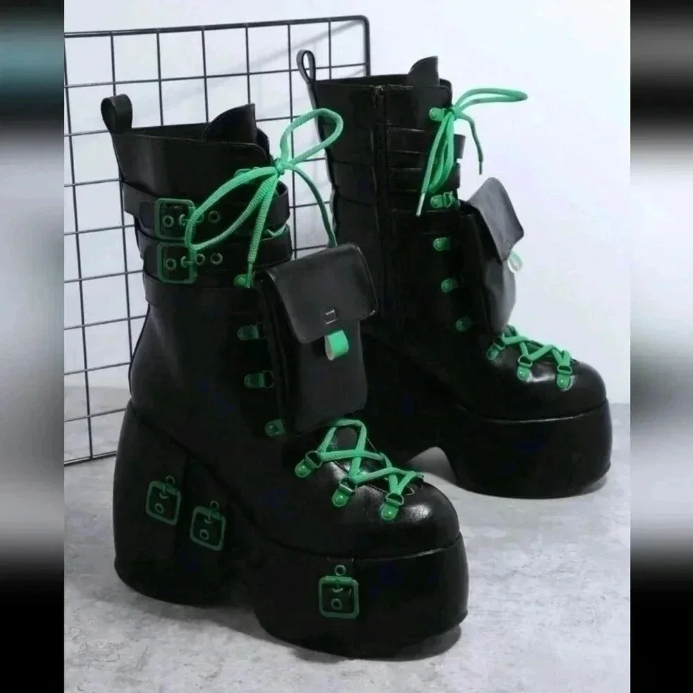 Platform buckle green black punk rock Gothic stiletto shoes boots zipper fashion